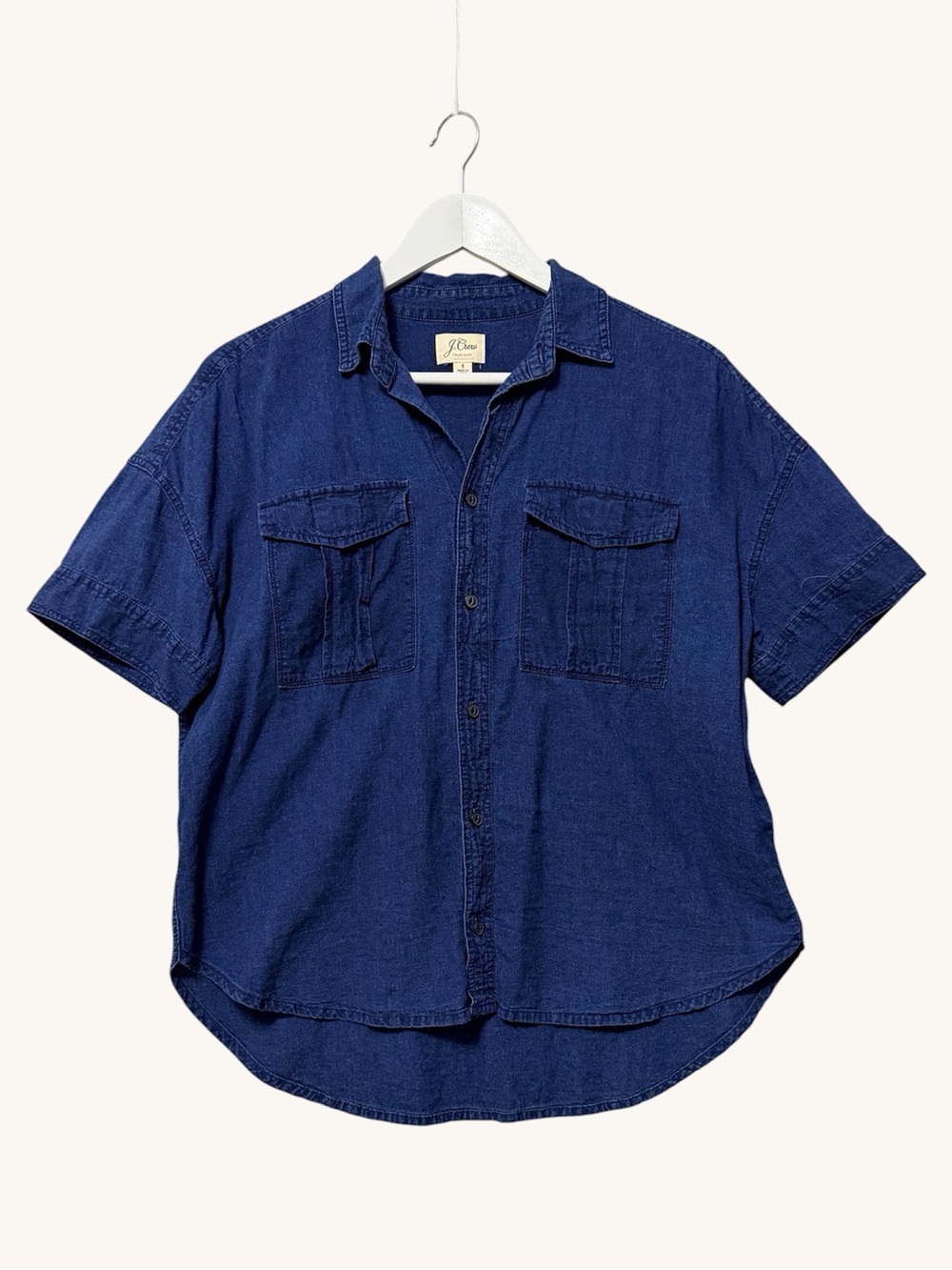 J. Crew Linen Blend Chambray Camp Shirt Size Small Boxy Oversized Short Sleeve